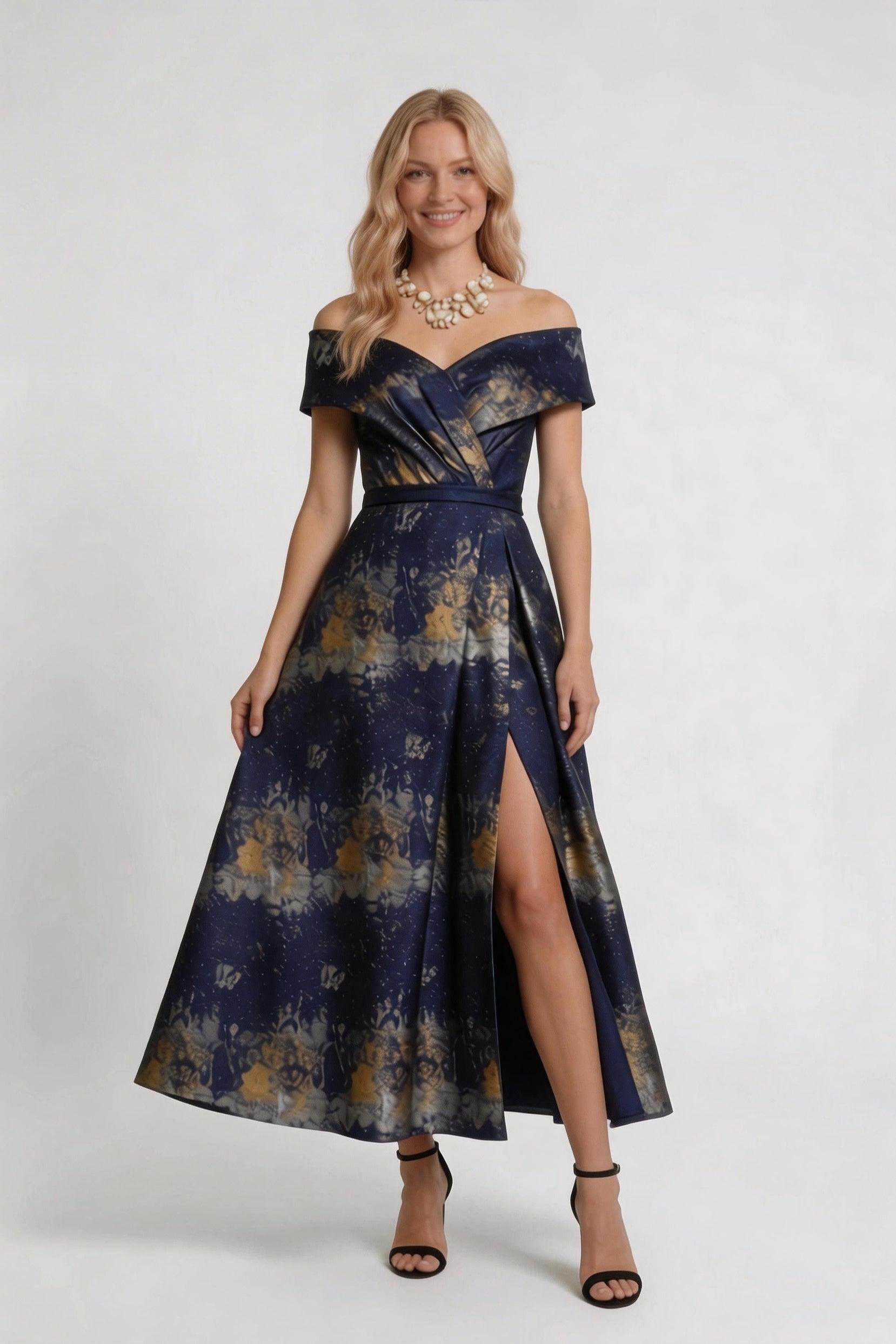 A-Line Tea-Length Jacquard Mother of the Bride Dress CM0429 - Dark Navy Floral - COCOMELODY
